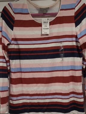 Style & Co. Striped Long-Sleeve Tee in Red, Navy & Light Pink
